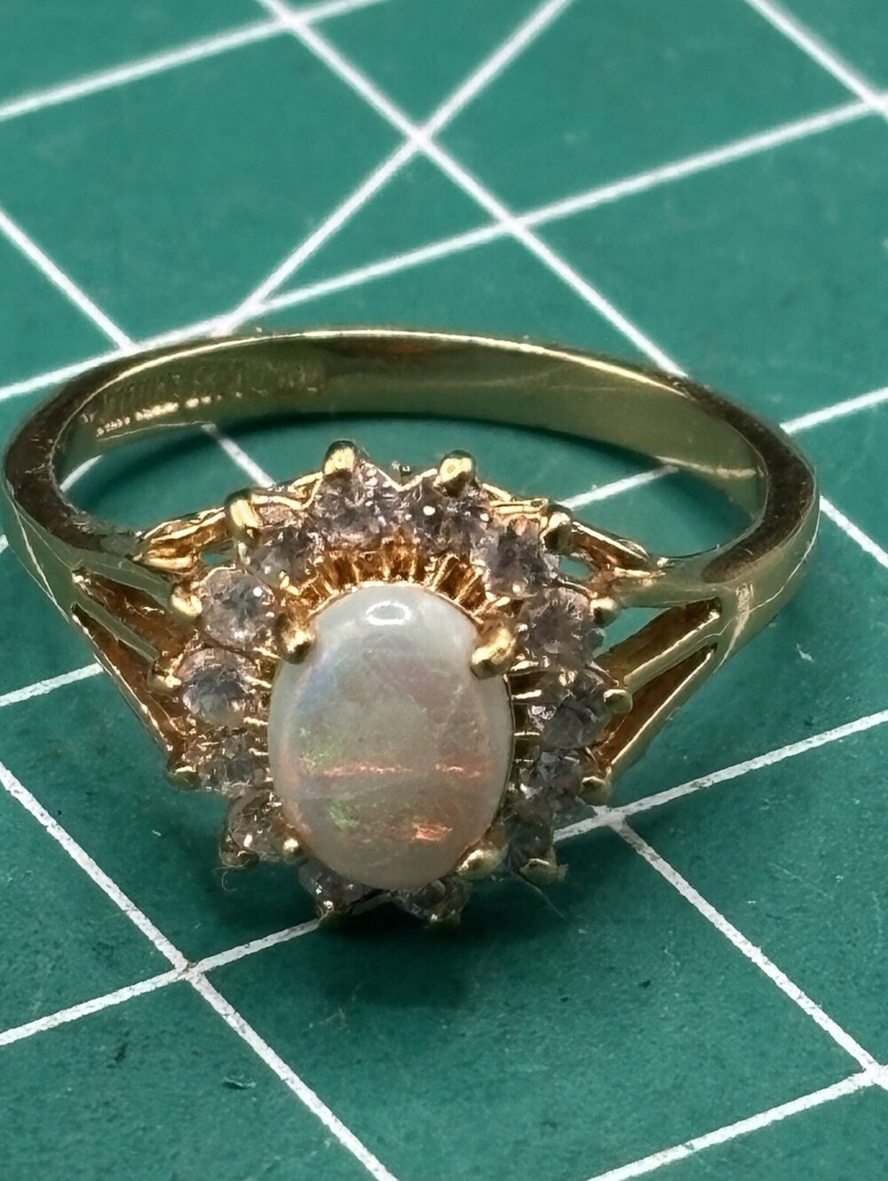 Vintage Signed ESPO Faux Opal Crystal Halo 14K Gold Electroplate Ring Size 9
